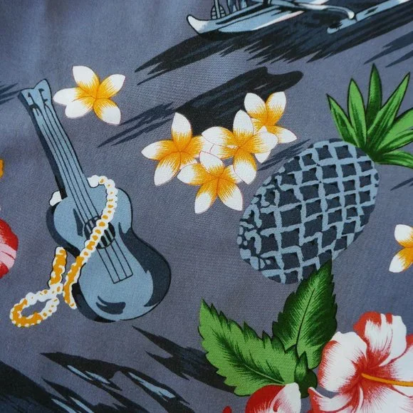 Vintage 70s Aloha Shirt Kennington Tiki Canoe Rigger Flowers Pineapples Guitar - Picture 2 of 10